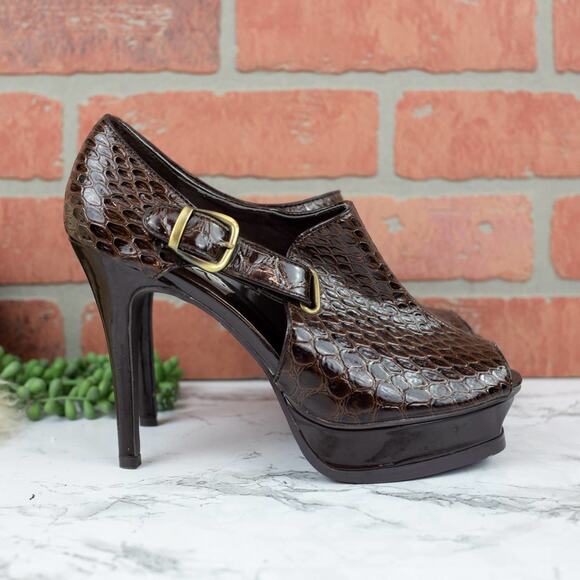 Steve Madden Fierce Brown Patent Faux Snakeskin Peep Toe Platform Heels Size 7.5 - Picture 6 of 7